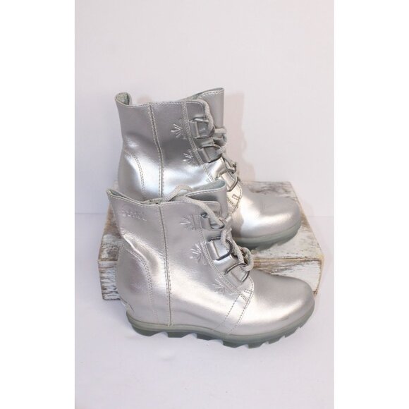 Sorel Disney Frozen Youth Ankle Boots Girls 3 Silver Leather Lace Up Wedge Heel - Picture 6 of 12